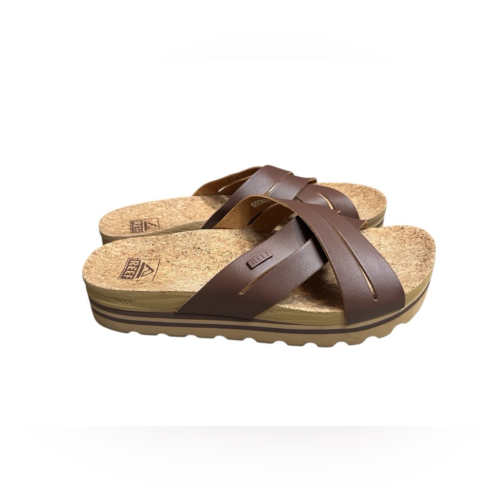 Reef Kaia Cross Womens 9 Brown Cork Platform Slide Sandals Comfort Casual
